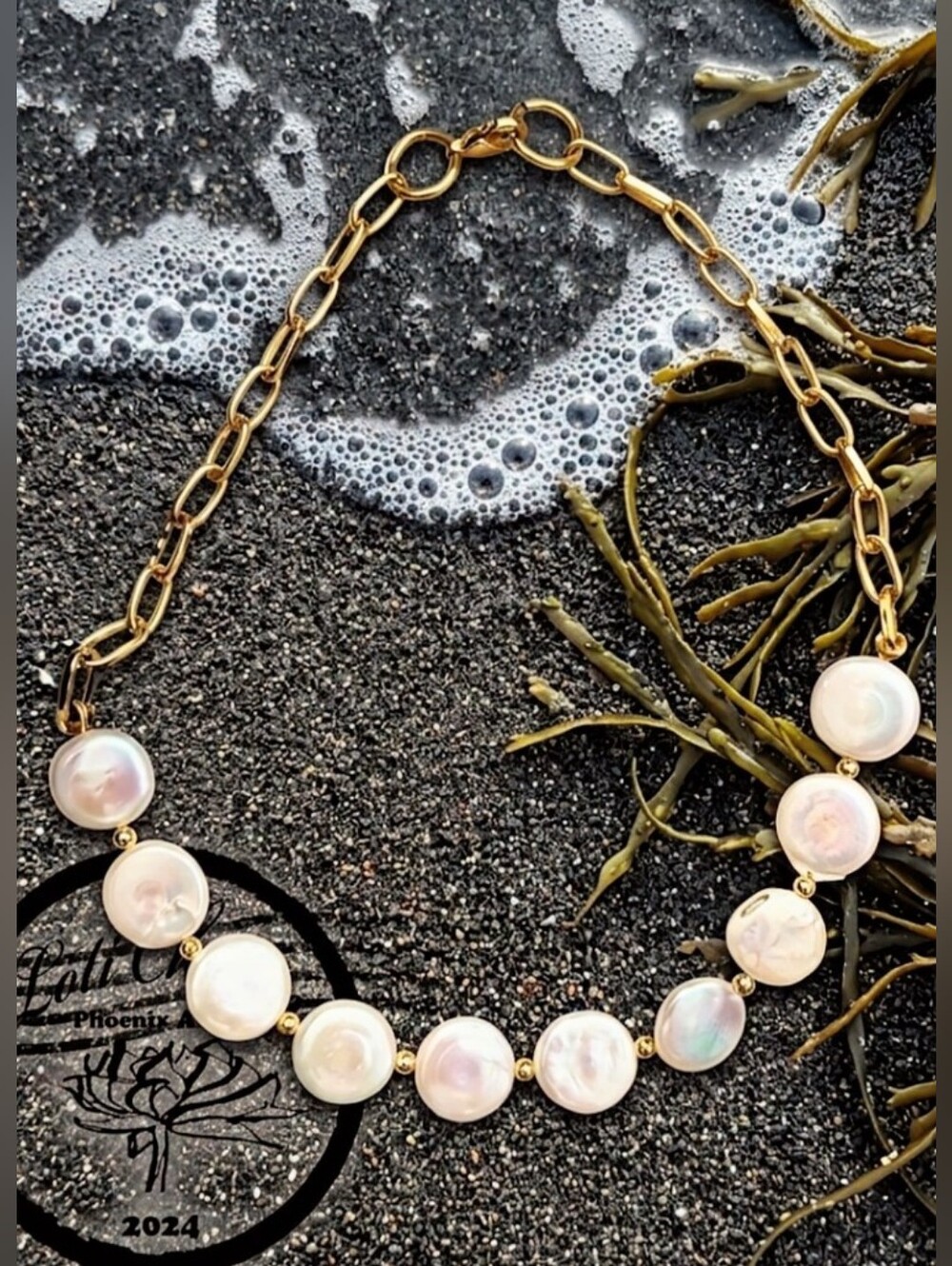 Natural White Pearl Coin In Paperclip Gold Filled Necklace